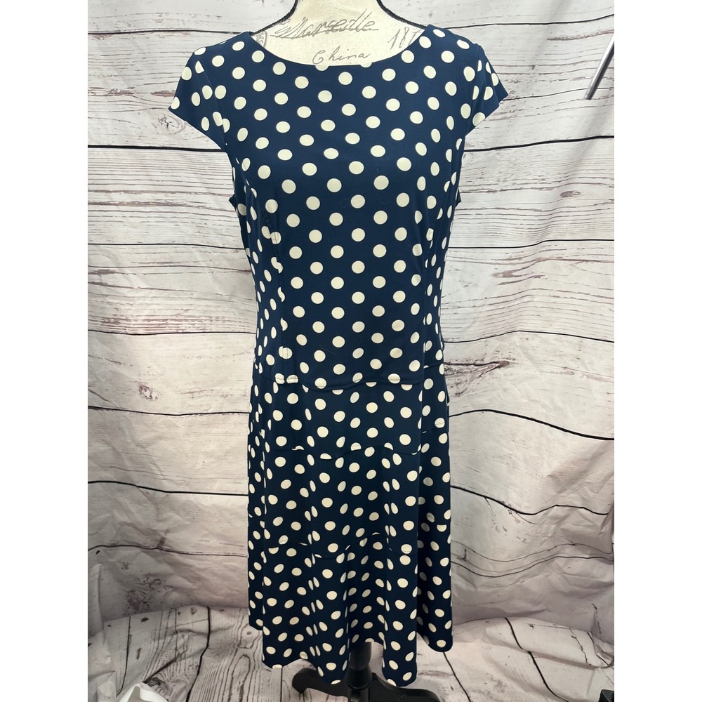 Anne Klein Navy Blue White Polka Dot Cap Sleeve Career Midi Dress Size 12
